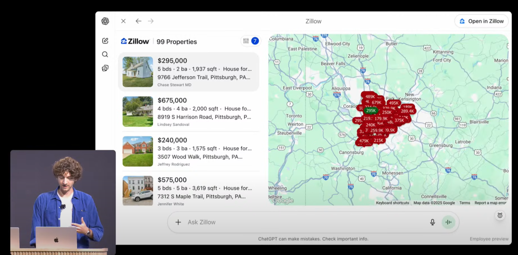 Zillow app running inside ChatGPT